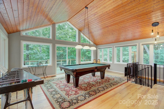 80 Vance Gap Rd, Asheville, NC 28805 - playroom with high vaulted ceiling, baseboards, wood ceiling, billiards, and wood finished floors