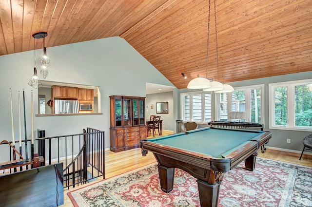 80 Vance Gap Rd, Asheville, NC 28805 - playroom featuring high vaulted ceiling, wooden ceiling, light wood finished floors, billiards, and baseboards