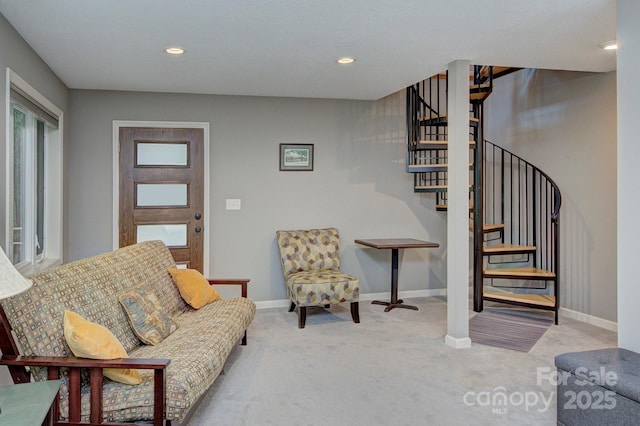 80 Vance Gap Rd, Asheville, NC 28805 - sitting room with recessed lighting, carpet, stairway, and baseboards