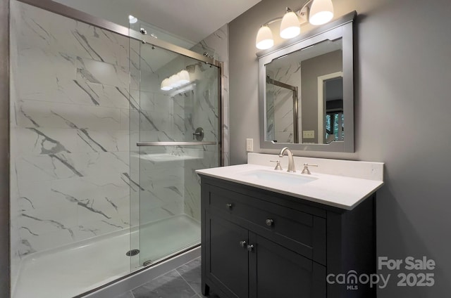 80 Vance Gap Rd, Asheville, NC 28805 - bathroom featuring marble finish floor, vanity, and a marble finish shower