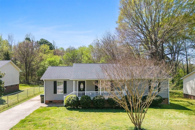 ranch-style home featuring covered porch, a front yard, crawl space, and a shingled roof