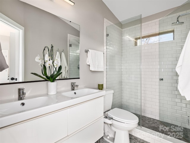 full bathroom featuring double vanity, a sink, a stall shower, and toilet