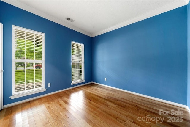spare room featuring wood finished floors, a wealth of natural light, baseboards, and ornamental molding