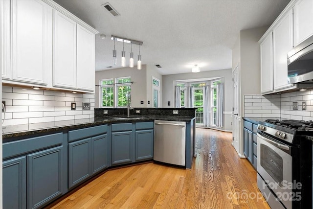 kitchen with white cabinets, stainless steel appliances, a sink, light wood-type flooring, and blue cabinetry