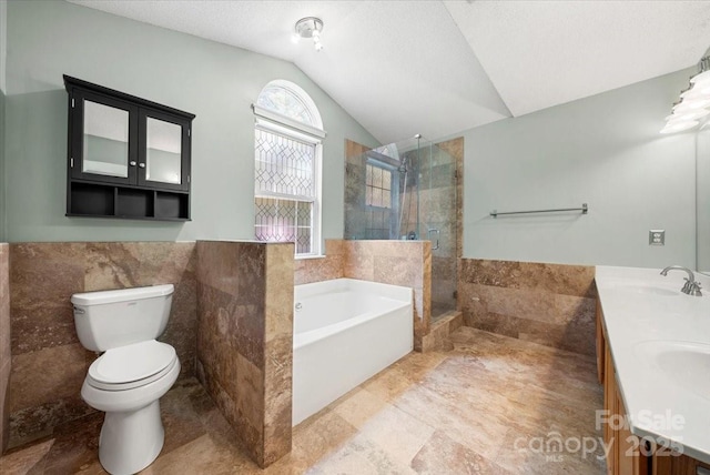full bath featuring lofted ceiling, toilet, a sink, and tile walls