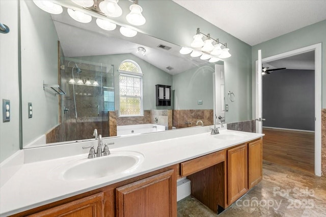 bathroom featuring a garden tub, visible vents, a sink, and tiled shower