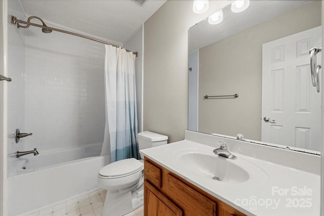 bathroom featuring toilet, vanity, and shower / bath combination with curtain
