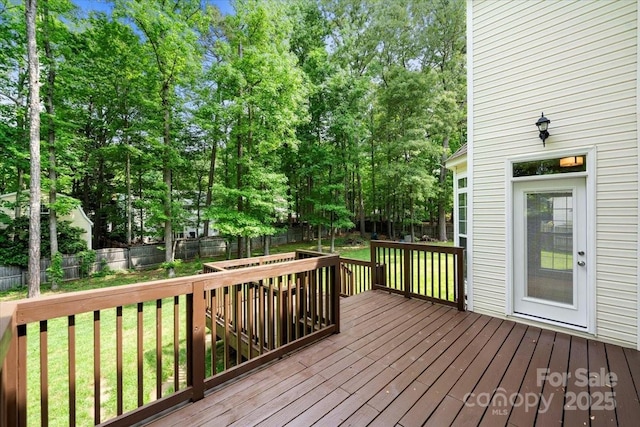 deck featuring a lawn and a fenced backyard