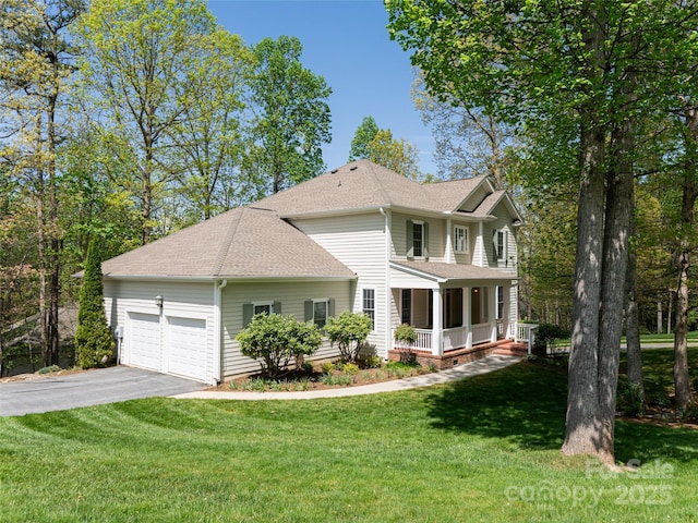 view of front of property with a garage, aphalt driveway, a shingled roof, covered porch, and a front yard