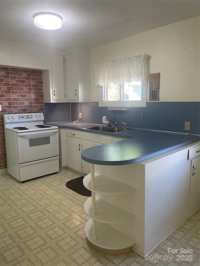 kitchen with white cabinetry, open shelves, white electric stove, light floors, and a sink