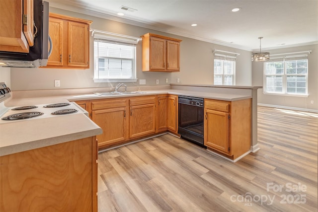 kitchen featuring visible vents, white electric range, dishwasher, stainless steel microwave, and a peninsula