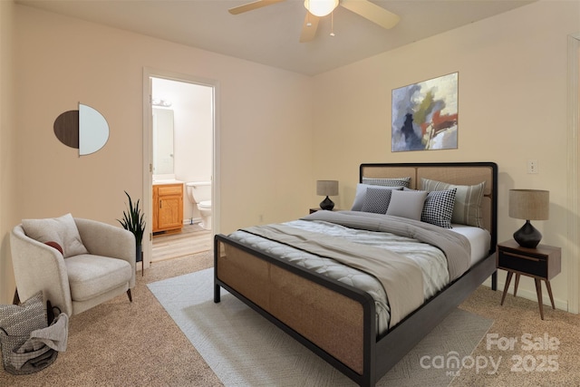 9 Willoughby Run Dr, Asheville, NC 28803 - bedroom featuring light carpet, ensuite bath, and ceiling fan