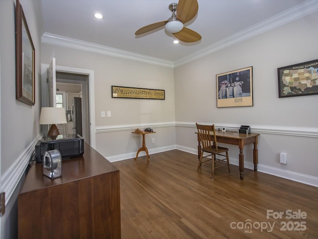 office space featuring ornamental molding, a ceiling fan, recessed lighting, dark wood-style flooring, and baseboards