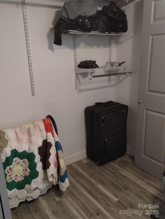 walk in closet with wood finished floors