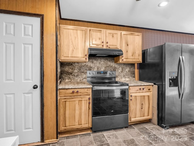 kitchen featuring backsplash, light countertops, under cabinet range hood, and stainless steel appliances