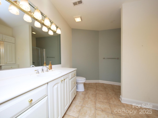 full bath with a shower stall, vanity, tile patterned floors, toilet, and visible vents