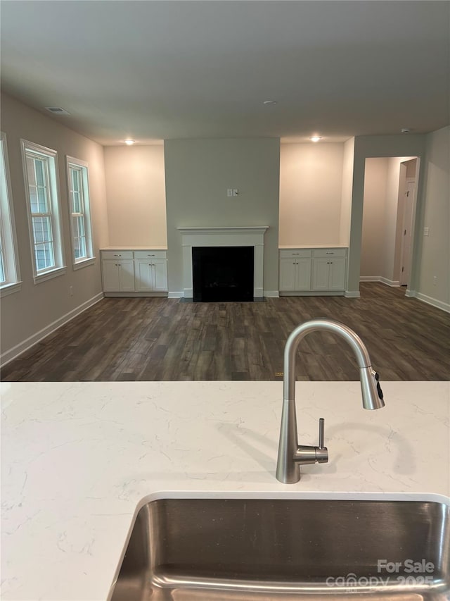 7001 New Town Rd, Waxhaw, NC 28173 - kitchen featuring a sink, wood finished floors, baseboards, and a fireplace