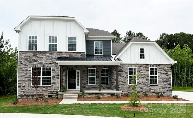 7001 New Town Rd, Waxhaw, NC 28173 - view of front facade with covered porch, board and batten siding, and stone siding