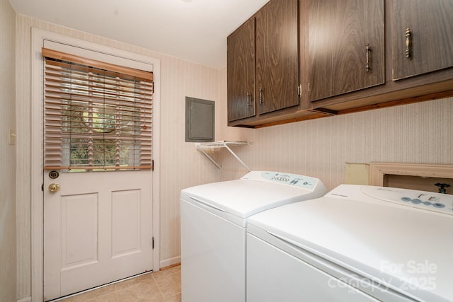 5329 Glenbrier Dr, Charlotte, NC 28212 - washroom with cabinet space, washing machine and clothes dryer, light tile patterned floors, and electric panel