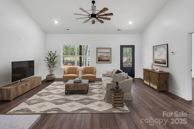 676 Chapel Hill Dr, Troy, NC 27371 - living area with dark wood-style floors, ceiling fan, baseboards, lofted ceiling, and recessed lighting