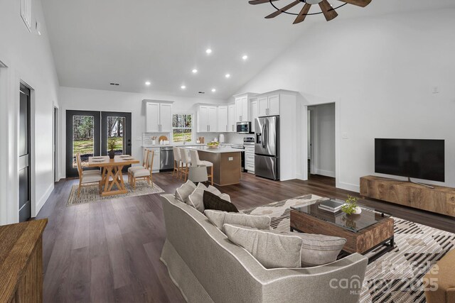 676 Chapel Hill Dr, Troy, NC 27371 - living area with high vaulted ceiling, ceiling fan, recessed lighting, dark wood finished floors, and baseboards