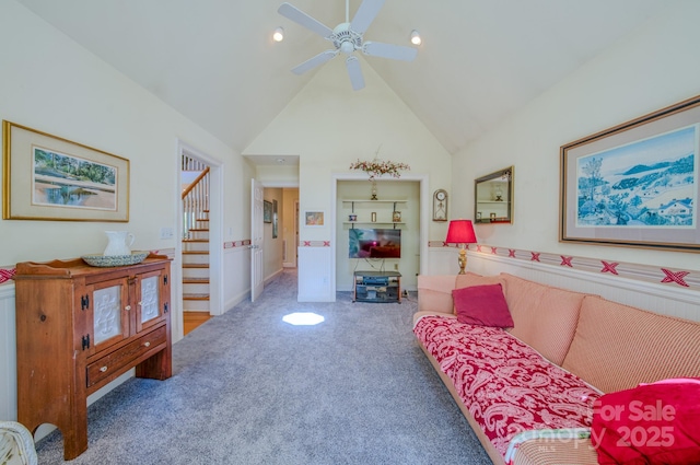 161 Hamburg Mountain Rd, Weaverville, NC 28787 - carpeted living room featuring stairway, ceiling fan, high vaulted ceiling, recessed lighting, and baseboards