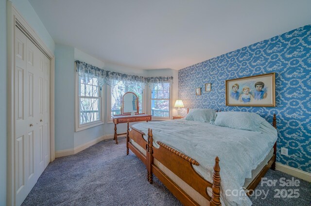 161 Hamburg Mountain Rd, Weaverville, NC 28787 - carpeted bedroom featuring baseboards, wallpapered walls, and a closet