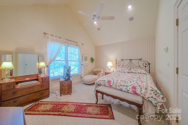 161 Hamburg Mountain Rd, Weaverville, NC 28787 - carpeted bedroom featuring high vaulted ceiling, a ceiling fan, and baseboards