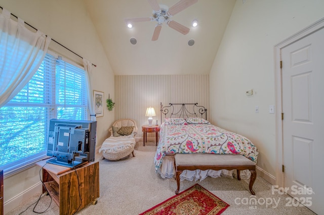 161 Hamburg Mountain Rd, Weaverville, NC 28787 - carpeted bedroom with ceiling fan, baseboards, and high vaulted ceiling