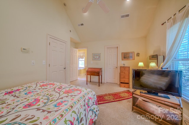 161 Hamburg Mountain Rd, Weaverville, NC 28787 - bedroom with light carpet, high vaulted ceiling, and a ceiling fan
