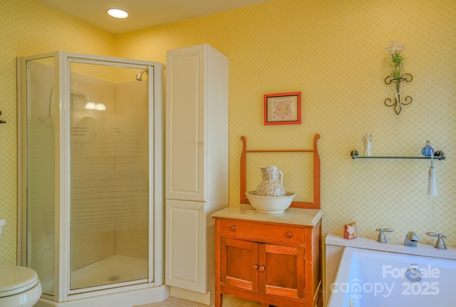 161 Hamburg Mountain Rd, Weaverville, NC 28787 - full bathroom with a stall shower, toilet, and tile patterned floors