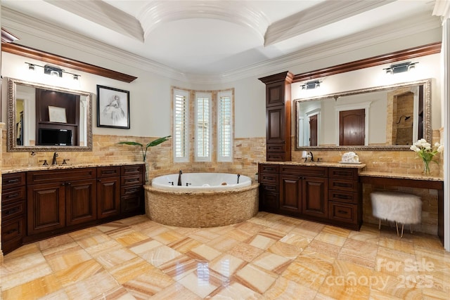 325 Ivy Arbor Cir, Rock Hill, SC 29732 - bathroom with ornamental molding, tile walls, a bath, vanity, and wainscoting