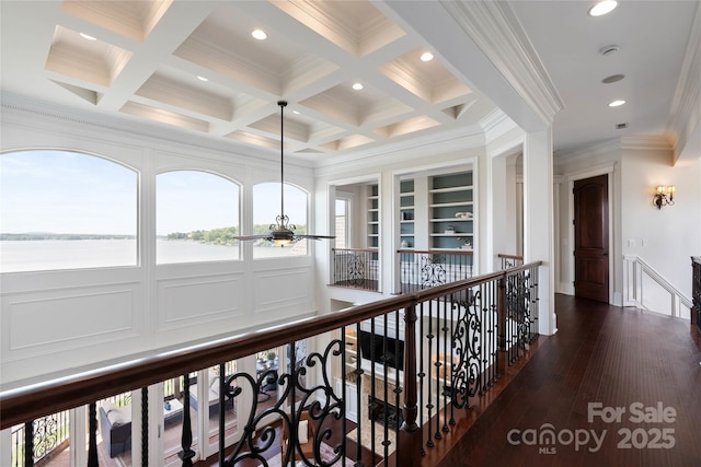 325 Ivy Arbor Cir, Rock Hill, SC 29732 - hall with an upstairs landing, beam ceiling, ornamental molding, coffered ceiling, and dark wood-type flooring