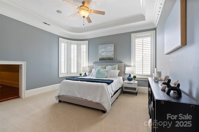 325 Ivy Arbor Cir, Rock Hill, SC 29732 - bedroom with crown molding, a tray ceiling, light carpet, and multiple windows