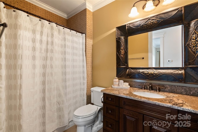 325 Ivy Arbor Cir, Rock Hill, SC 29732 - bathroom with crown molding, toilet, vanity, and a shower with shower curtain