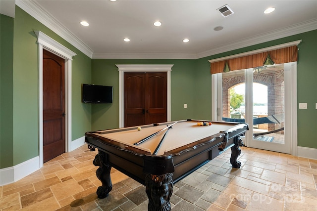325 Ivy Arbor Cir, Rock Hill, SC 29732 - rec room with stone tile flooring, recessed lighting, baseboards, billiards, and ornamental molding
