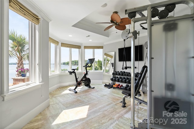 325 Ivy Arbor Cir, Rock Hill, SC 29732 - exercise room with crown molding, ceiling fan, baseboards, a raised ceiling, and recessed lighting