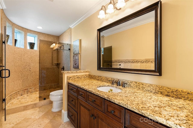 325 Ivy Arbor Cir, Rock Hill, SC 29732 - bathroom with a stall shower, toilet, crown molding, and vanity