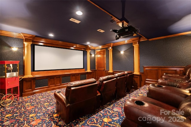 325 Ivy Arbor Cir, Rock Hill, SC 29732 - cinema with ornate columns, a decorative wall, carpet, recessed lighting, and a wainscoted wall