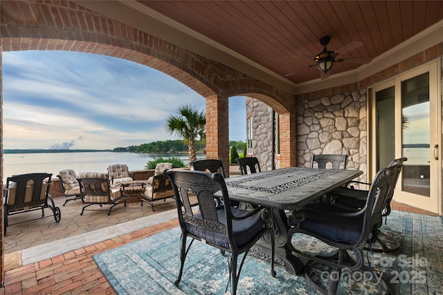 325 Ivy Arbor Cir, Rock Hill, SC 29732 - view of patio / terrace with a water view, a ceiling fan, and outdoor dining space
