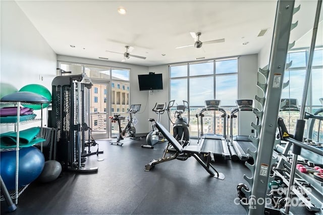 333 W Trade St Unit 1802, Charlotte, NC 28202 - gym featuring a wealth of natural light, expansive windows, visible vents, and a ceiling fan