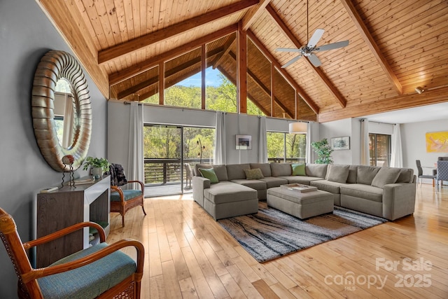 living area featuring wood ceiling, ceiling fan, beam ceiling, and hardwood / wood-style floors