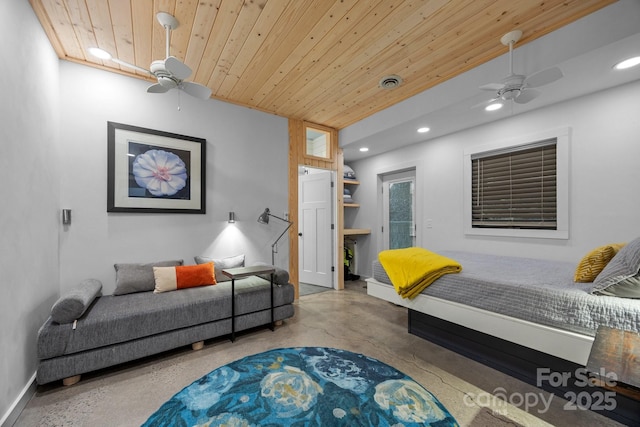 living area with wooden ceiling, baseboards, recessed lighting, and ceiling fan