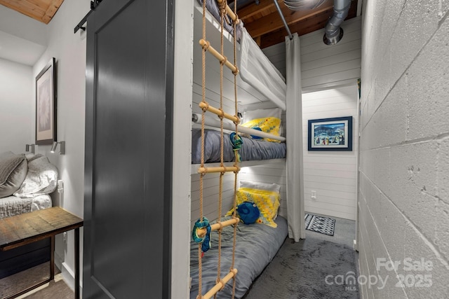 interior space featuring carpet floors and concrete block wall