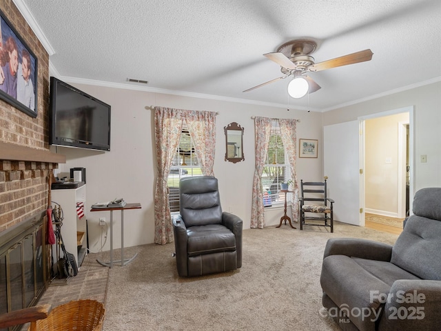 2248 Lawton Bluff Rd, Charlotte, NC 28226 - living room featuring ceiling fan, carpet, ornamental molding, a textured ceiling, and a fireplace