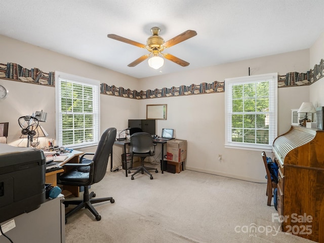 2248 Lawton Bluff Rd, Charlotte, NC 28226 - carpeted home office featuring ceiling fan and baseboards