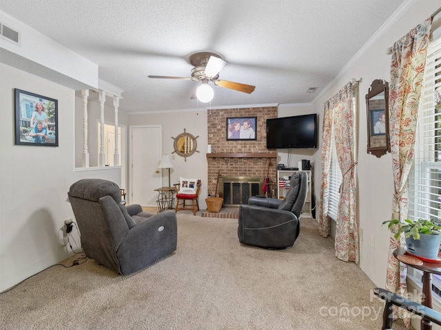 2248 Lawton Bluff Rd, Charlotte, NC 28226 - living area featuring carpet floors, ornamental molding, a ceiling fan, a brick fireplace, and a textured ceiling