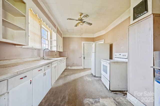 kitchen with concrete floors, a sink, light countertops, a ceiling fan, and white appliances