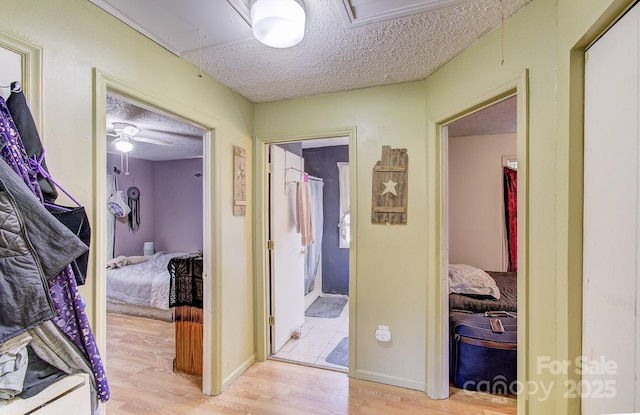hallway featuring a textured ceiling, attic access, and light wood finished floors