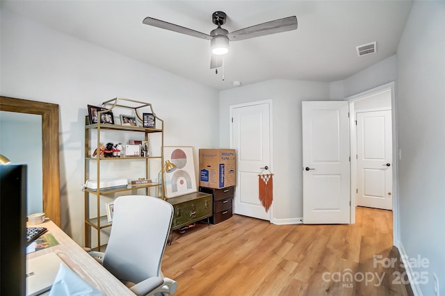 home office with baseboards, visible vents, wood finished floors, and ceiling fan